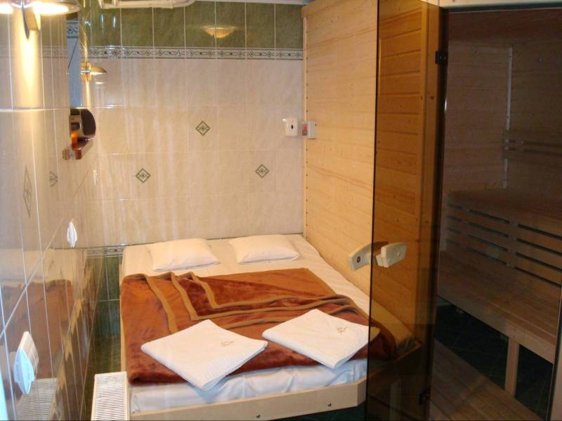 A room in hotels and guesthouses with a bed, towels, and a sauna.