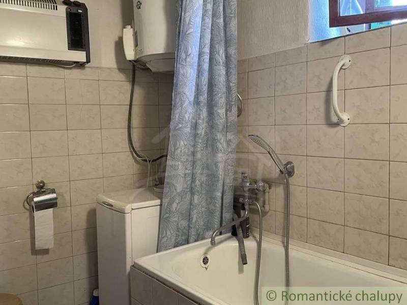 A bathroom in a family house with a shower, bathtub, and washing machine.