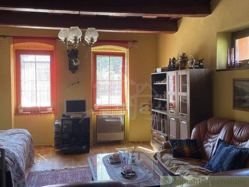 Living room in a family house with a leather sofa, display cabinet, and decorations.