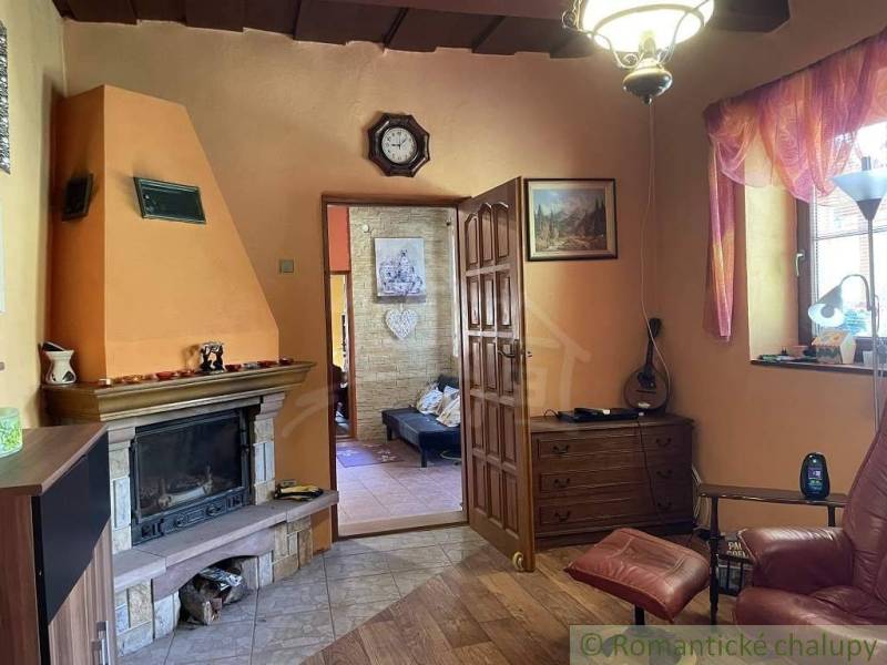 Living room with a fireplace in a family house, warm colors and wooden details.