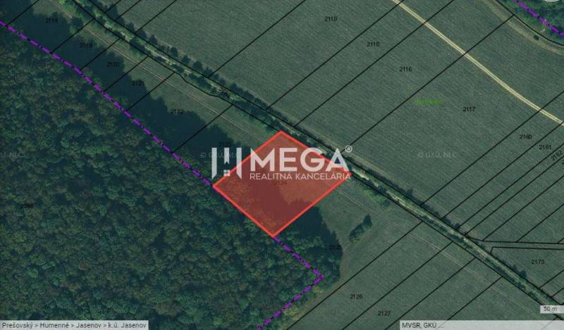 Aerial view of plots in Jasenov, Jasenov with marked special properties near the forest.