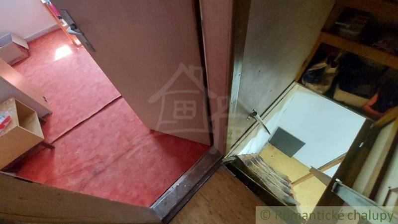 A staircase leading to a room with a red carpet and boxes in a cabin.