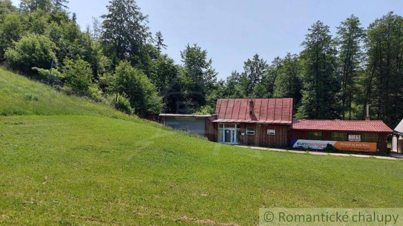 A cottage in Myjava surrounded by forest and grassy slope.