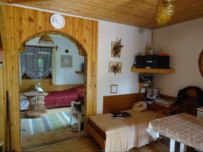 Interior of a family house with a sofa, wooden ceiling, and wall decorations.