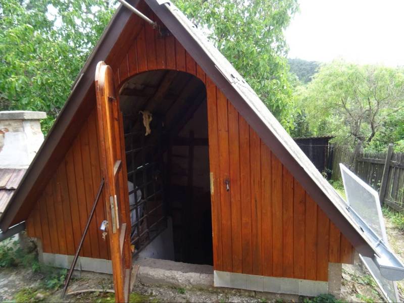 A wooden cellar at a family house in the city of FONY, surrounded by greenery and a fence.