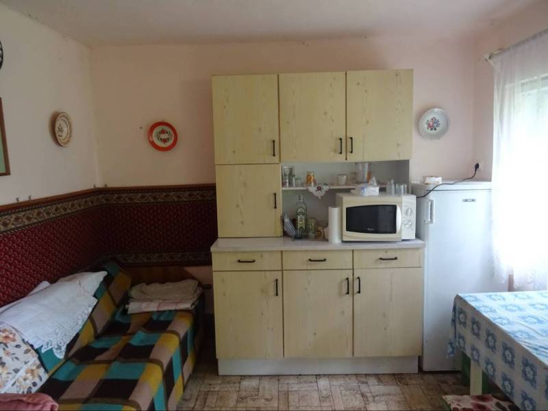 The interior of a family house with a kitchen unit, microwave, sofa, and decorative plates on the walls.