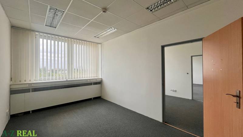 An empty office with carpet, white walls, and vertical blinds on the window.