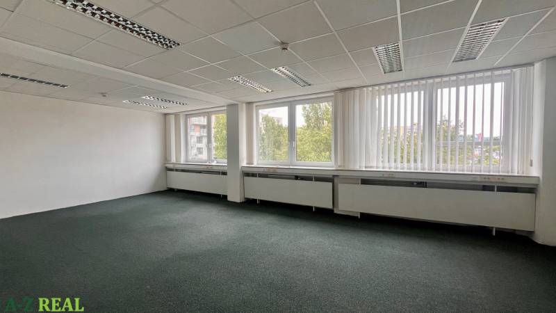 Empty offices with large windows and carpeted floors.