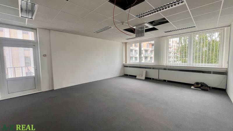 Empty office with a large window and ceiling panels.