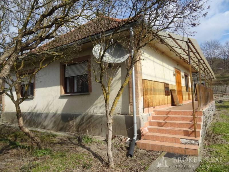 A family house in Füzérkomlós with a front garden, terrace, staircase, and wooden cladding.