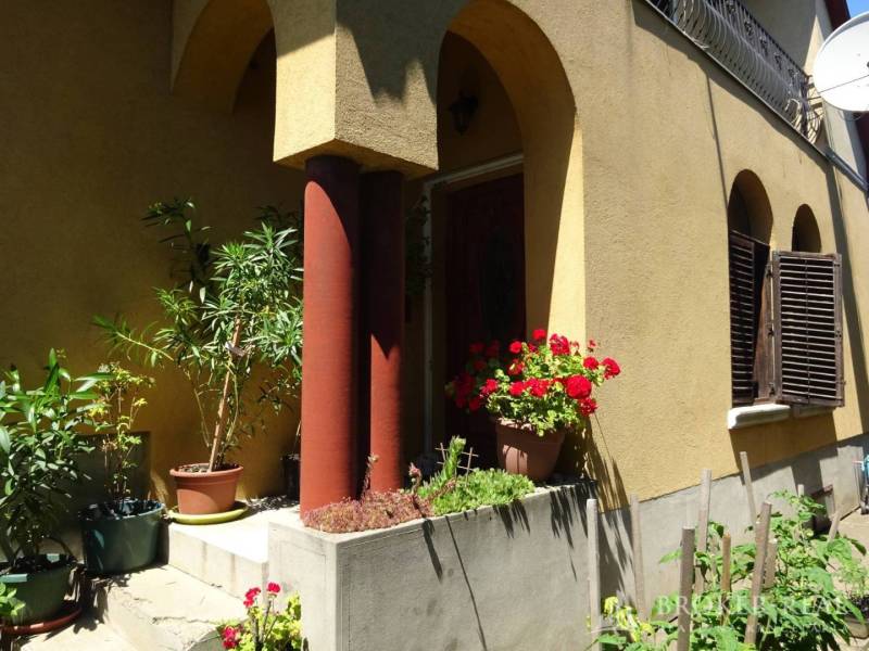 A family house in Encs with columns and flowers at the entrance on a sunny terrace.