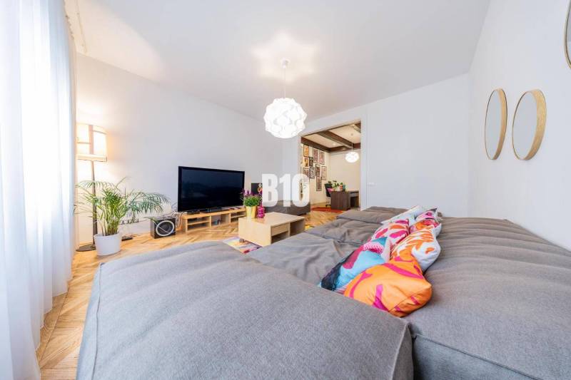 Living room in a two-room apartment with a comfortable sofa, television, and plants.