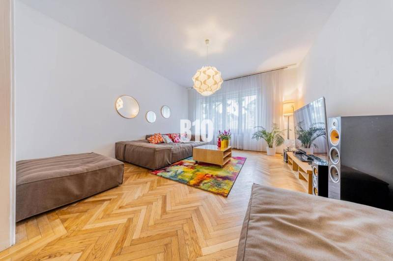 Living room in a two-room apartment with a sofa, wooden floor, and colorful rug.