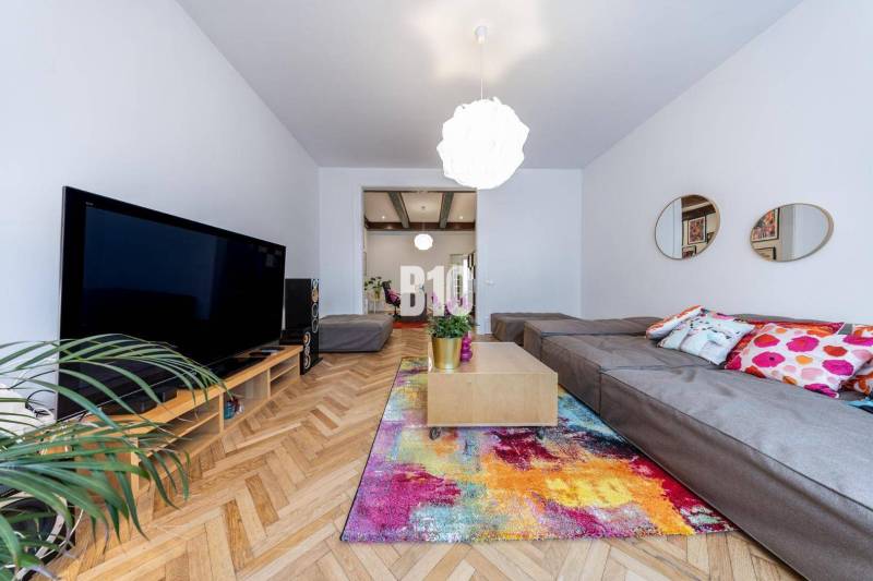 Living room in a two-room apartment with a large sofa, colorful carpet, and a plant.