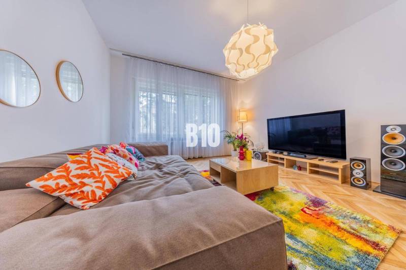 Living room in a 2-room apartment with a comfortable sofa, television, and colorful carpet.
