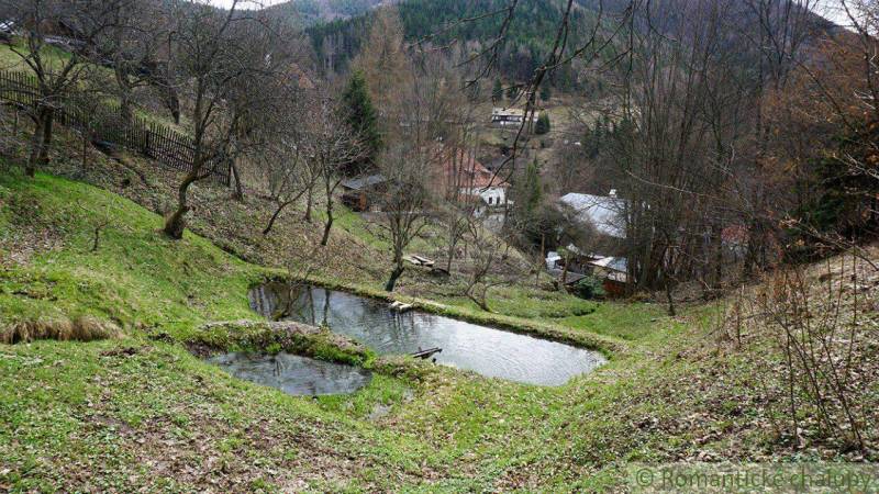 A pond surrounded by trees in the gardens of the Banská Bystrica countryside.