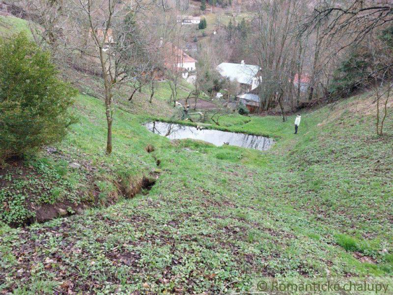A peaceful view of gardens in Banská Bystrica with trees and a pond.