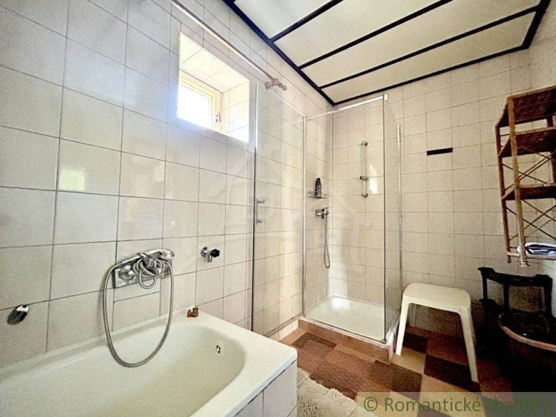 A bathroom in a family house with a shower, a bathtub, and a shelf.