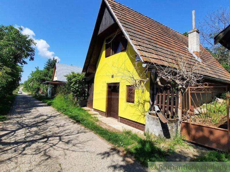 The yellow cottage in Malé Kozmálovce with a clay roof, surrounded by greenery and an access road.