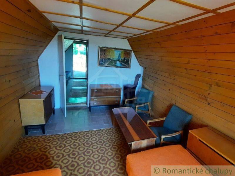 A wooden interior of a cabin with a carpet pattern, furniture, and a painting on the wall.