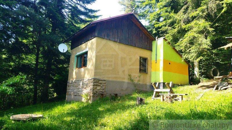 A cottage in Drienica surrounded by coniferous trees, adorned with a satellite dish and a bench.