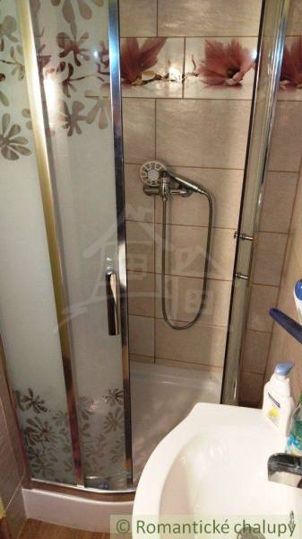 A shower corner with a floral motif and a sink in a cottage with a cozy interior.