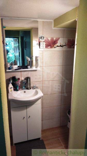 A bathroom in a cottage with a sink, a mirror, and decorative tiles with a floral pattern.