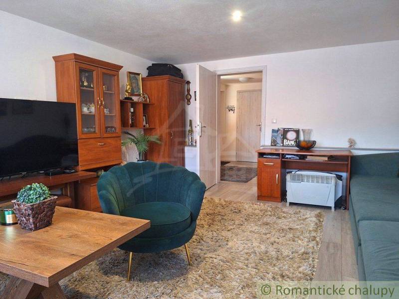Living room in a family house with wooden furniture, a green armchair, and carpeted floors.