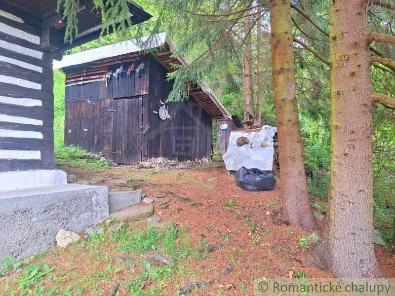 A family house in Ružomberok is surrounded by trees and a wooden shed with firewood.