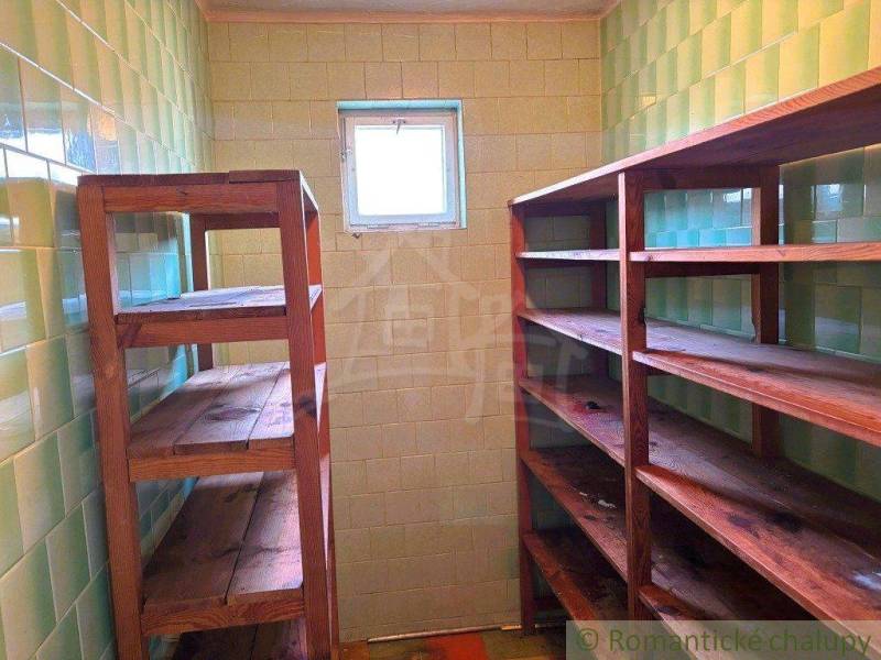 A pantry in a family house with wooden shelves and a window, green tiles.