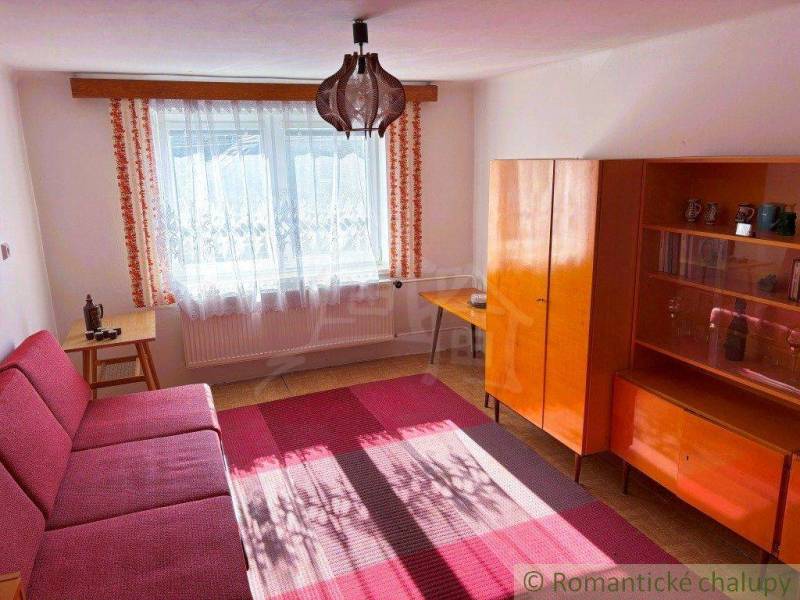 A living room in a family house with a colorful carpet, a red couch, and wooden furniture.