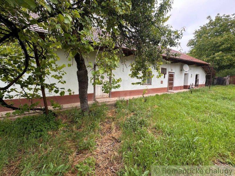 A cottage in Nové Zámky surrounded by greenery and trees, with a white facade and a red roof.