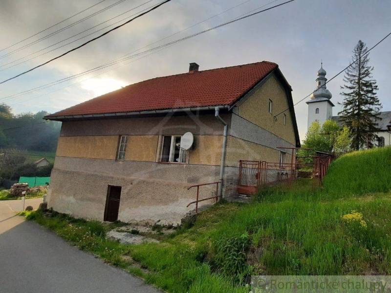 A family house in Žiar nad Hronom with a church in the background, green meadow, road.