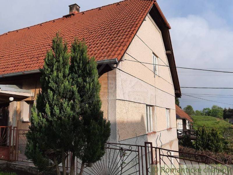 A family house in Žiar nad Hronom with a red roof, next to it is a conifer and a fence.