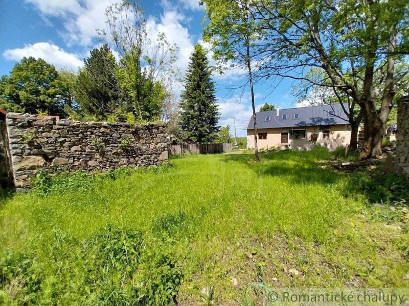 A cottage in Ábelová with a stone fence and a green lawn, surrounded by trees.