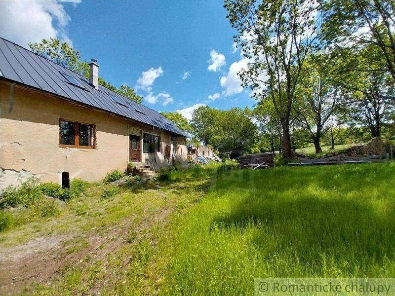 A cottage in Ábelová with a blue roof surrounded by greenery and trees.