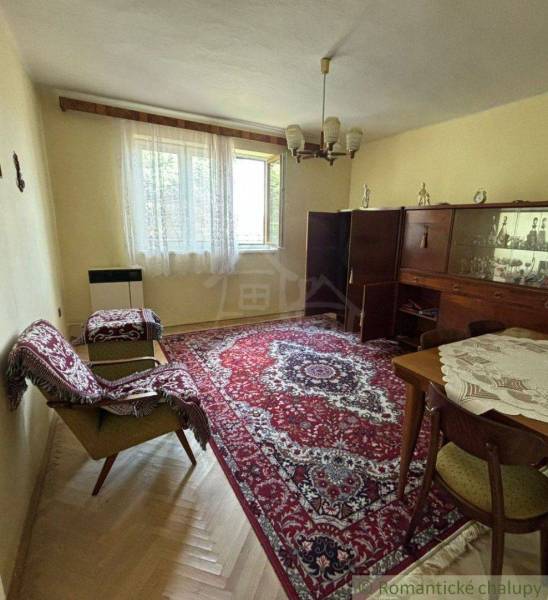 Living room in a family house with a carpet, furniture, table, and chairs.