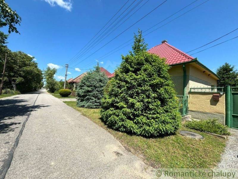 A peaceful street in Dvorníky with a family house and a garden, blue sky.