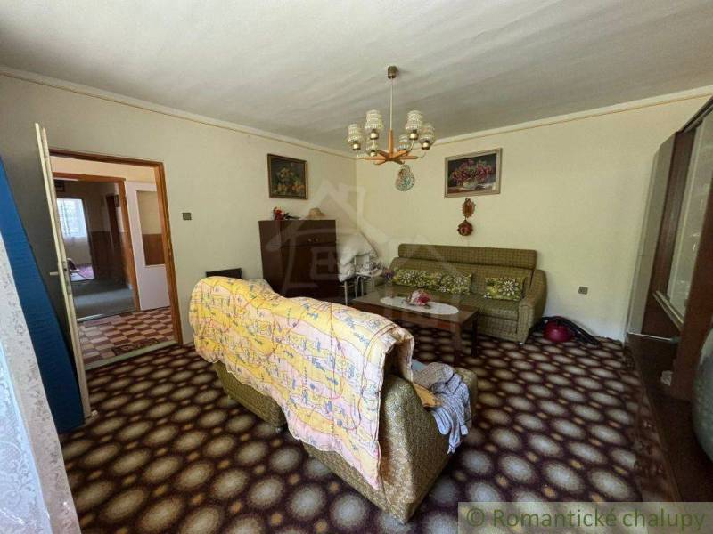 Living room in a family house with older furniture, carpet, and chandeliers.