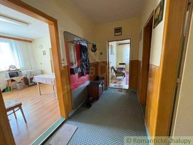A hallway in a family house leading to a furnished kitchen and living room.