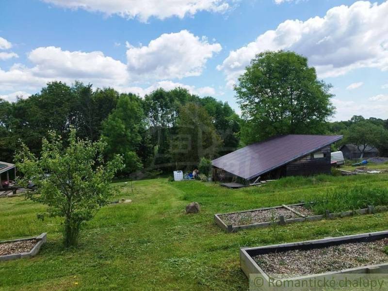 A garden with a low cottage, trees, and a blooming area in Veľký Krtíš.