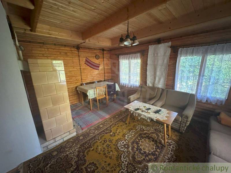 Wooden interior of a cabin with carpets and seating sets.