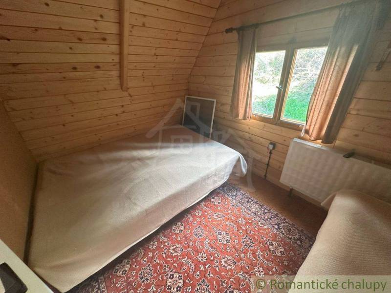 Wooden interior of the cabin with a sleeping room, two beds, and an oriental carpet.