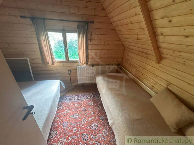 Wooden interior of a cabin with beds and a carpet on the floor.