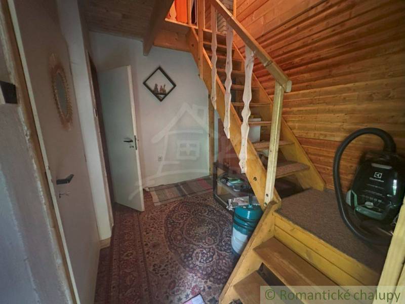 The interior of a cabin with a wooden staircase, carpet, and vacuum cleaner.