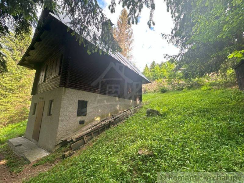 A cottage in Kokava nad Rimavicou surrounded by coniferous and deciduous trees, on a gentle slope.