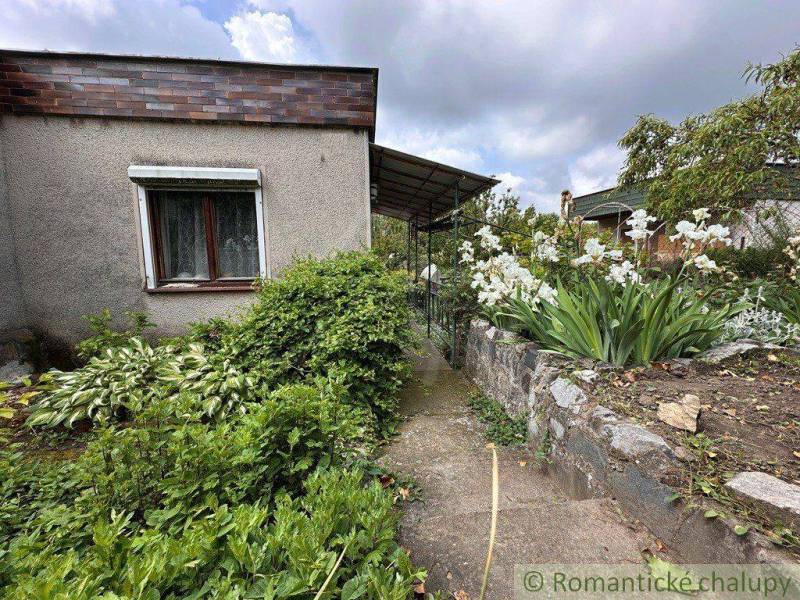 A cottage in Nové Zámky with a path lined with flowers and shrubs in the garden.