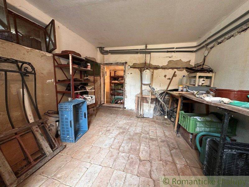A cottage with a tool shed, shelves, and wooden floors.