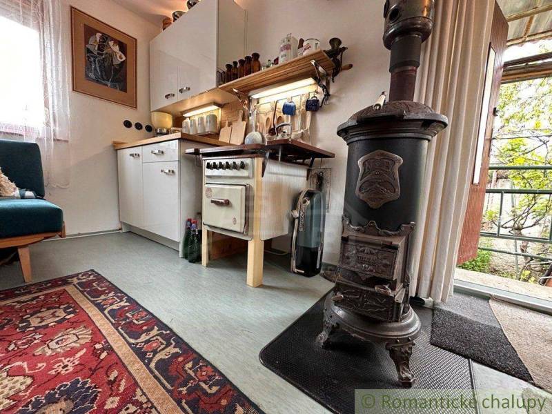 The interior of a cottage with a stove, kitchen unit, and colorful carpet.