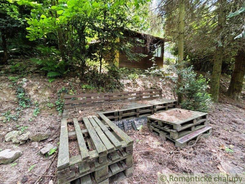 A wooden cabin in Bratislava - Lamač surrounded by pallet furniture and forest vegetation.